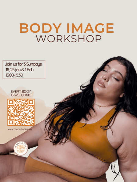 Body Image Workshop flyer: three Sundays, 18, 25 Jan and 1 Feb, 15:00–17:30 — Week 1 Unlearning, Week 2 Reframing, Week 3 Empowering, featuring a QR code to join
